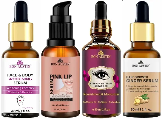 Bon Austin Face and Body Whitening Serum, Pink Lip Serum, Eyebrow and Eyelash Growth Oil  Hair Growth Ginger Serum - Combo of 4 Items (Each, 30ML)