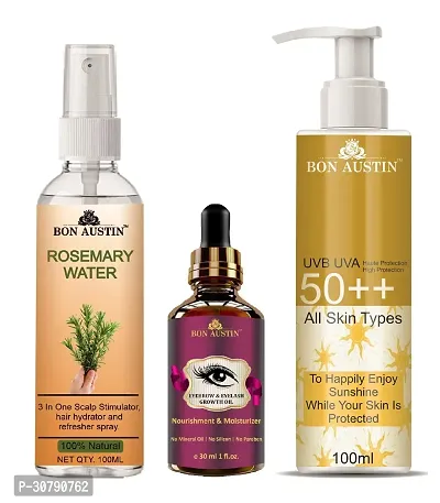 Bon Austin Rosemary Water | Hair Spray For Regrowth | Hair Growth Expert 100ml, Eyebrow and Eyelash Growth Oil 30ML  UVA  UVB Protection Sunscreen 100ml  - Set of 3 Items