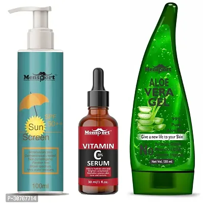 Mensport Broad Spectrum SPF 50++ Sunscreen 100ML, Vitamin C20% Facial Serum 30ML  Multipurpose Aloe Vera Gel 130ML - Combo of 3 Items