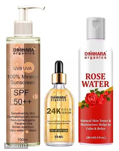 Natural Mineral Sunscreen Cream UVB  UVA Protection with SPF 50++ 100ml, 24K Gold Face Serum 30ml  Natural Rose Water 100ml - Combo of 3 Items-thumb0