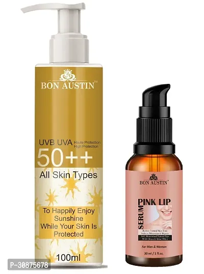 Bon Austin Broad Spectrum SPF 50++ Sunscreen 100ML  Pink Lip Serum-Restore Natural Lips 30ML - Combo of 2