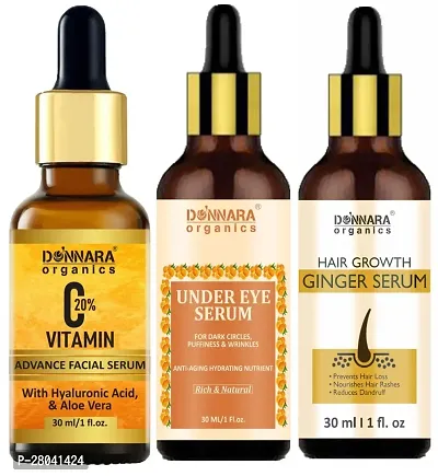 Donnara Vit C20% Facial Whitening Serum, Under Eye Dark Circle Serum  Hair Growth Ginger Serum (Each,30ml) Combo of 3