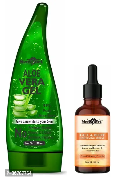 Mensport Multipurpose Aloe Vera Gel 130ml  Face and Body Whitening Serum 30ML - Combo of 2 Items