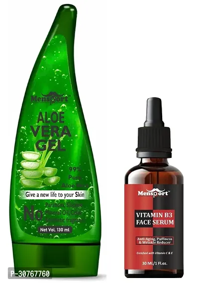 Mensport Multipurpose Aloe Vera Gel 130ml  Vitamin B3 Anti Ageing Face Serum 30ML - Combo of 2 Items-thumb0