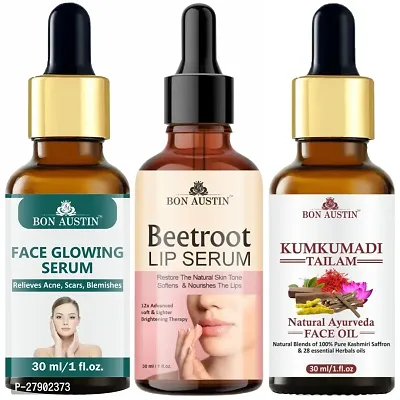 Bon Austin Face Glowing Serum, Beetroot Lip Serum (Lip Nourishment)  Kumkumadi Tailam/Face Oil - Combo of 3 Items (Each, 30ml)