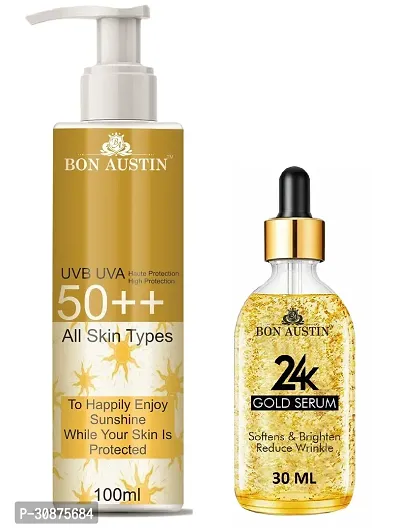 Bon Austin Broad Spectrum SPF 50++ Sunscreen 100ML  24K Gold Serum 30ML - Combo of 2