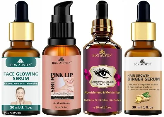 Bon Austin Face Glowing Serum, Pink Lip Serum, Eyebrow and Eyelash Growth Oil  Hair Growth Ginger Serum - Combo of 4 Items (Each, 30ML)