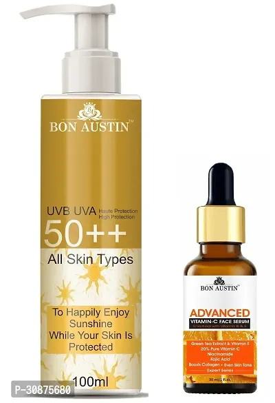 Bon Austin Broad Spectrum SPF 50++ Sunscreen 100ML  Advance Vitamin C Face Serum 30ML - Combo of 2