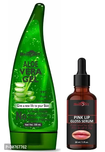 Mensport Multipurpose Aloe Vera Gel 130ml  Pink Lip Gloss Serum 30ML - Combo of 2 Items-thumb0