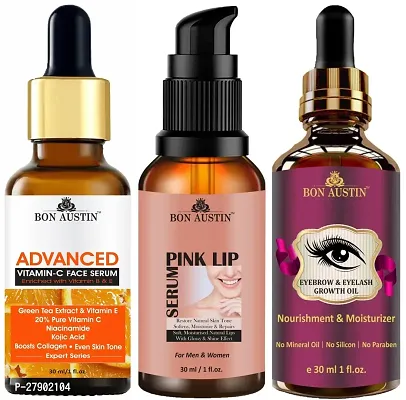 Bon Austin Advance Vitamin C Serum, Pink Lip Serum  Eyebrow and Eyelash Growth Oil (Each, 30ml) Combo of 3 Items