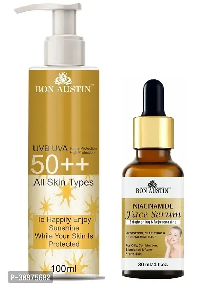 Bon Austin Broad Spectrum SPF 50++ Sunscreen 100ML  Niacindamide Face Serum 30ML - Combo of 2