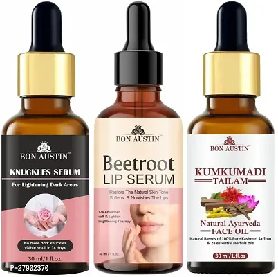 Bon Austin Knuckle Skin Whitening Serum, Beetroot Lip Serum (Lip Nourishment)  Kumkumadi Tailam/Face Oil - Combo of 3 Items (Each, 30ml)