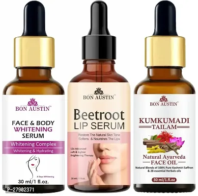 Bon Austin Face and Body Whitening Serum, Beetroot Lip Serum (Lip Nourishment)  Kumkumadi Tailam/Face Oil - Combo of 3 Items (Each, 30ml)