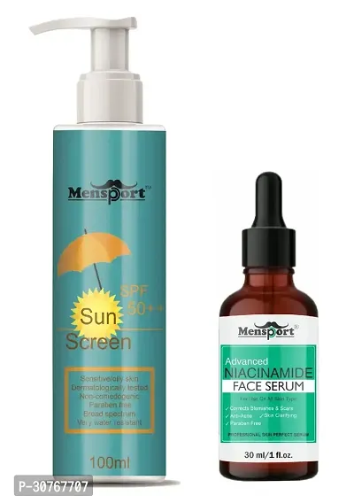 Mensport Broad Spectrum SPF 50++ Sunscreen 100ML  Niacinamide Anti Acne Face Serum 30ML - Combo of 2 Items-thumb0