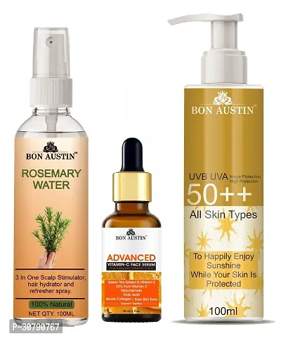 Bon Austin Rosemary Water | Hair Spray For Regrowth | Hair Growth Expert 100ml, Advance Vitamin C Face Serum 30ML  UVA  UVB Protection Sunscreen 100ml  - Set of 3 Items