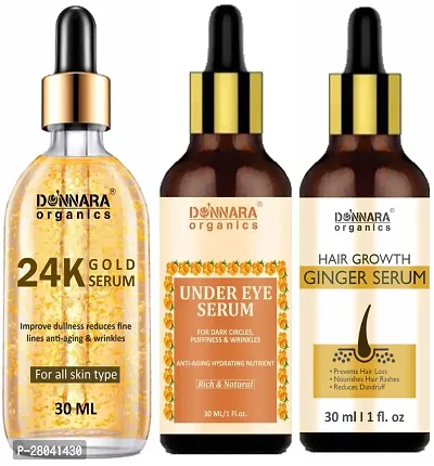 Donnara 24K Gold Facial Serum, Under Eye Dark Circle Serum  Hair Growth Ginger Serum (Each,30ml) Combo of 3