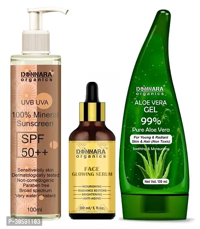 Natural  Mineral Sunscreen Cream UVB  UVA Protection with SPF 50++ 100ml, Face Glowing Serum 30ml  Natural Aloe Vera Gel 130ml - Combo of 3 Items-thumb0