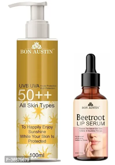 Bon Austin Broad Spectrum SPF 50++ Sunscreen 100ML  Beetroot Lip Serum 30ML - Combo of 2