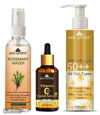 Bon Austin Rosemary Water | Hair Spray For Regrowth | Hair Growth Expert 100ml, Vitamin C20% Face Serum (30ML)  UVA  UVB Protection Sunscreen 100ml  - Set of 3 Items