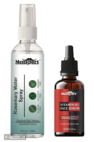 Mensport Rosemary Water | Hair Spray For Hair Regrowth 100ml  Vitamin B3 Face Serum Enriched with Vit C  E 30ml - Set of 2 Items