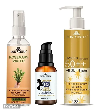 Bon Austin Rosemary Water | Hair Spray For Regrowth | Hair Growth Expert 100ml, Vitamin B3 Face Serum 30ML  UVA  UVB Protection Sunscreen 100ml  - Set of 3 Items