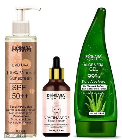 Natural  Mineral Sunscreen Cream UVB  UVA Protection with SPF 50++ 100ml, Niacinamide Face Serum 30ml  Natural Aloe Vera Gel 130ml - Combo of 3 Items