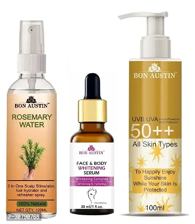 Bon Austin Rosemary Water | Hair Spray For Regrowth | Hair Growth Expert 100ml, Face and Body Whitening Serum 30ML  UVA  UVB Protection Sunscreen 100ml  - Set of 3 Items