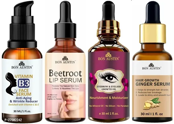 Bon Austin Vitamin B3 Facial Serum, Beetroot Lip Serum, Eyebrow and Eyelash Growth Oil  Hair Growth Ginger Serum - Combo of 4 Items (Each, 30ML)