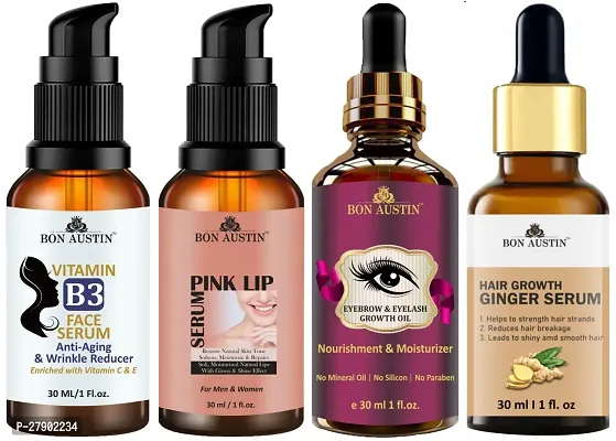 Bon Austin Vitamin B3 Facial Serum, Pink Lip Serum, Eyebrow and Eyelash Growth Oil  Hair Growth Ginger Serum - Combo of 4 Items (Each, 30ML)