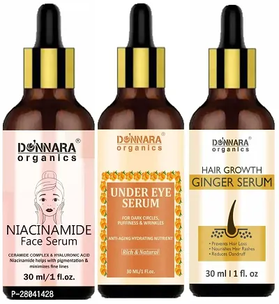 Donnara Niacinamide Facial Brightning Serum, Under Eye Dark Circle Serum  Hair Growth Ginger Serum (Each,30ml) Combo of 3