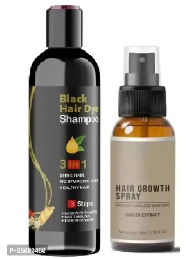 Black Hair Dye 3 In 1 Shampoo For Shine Hair  Moisturizing Healthy Hair (100ml)  Ginger Extract Hair Growth Spray (30ml) - Combo of 2 Items