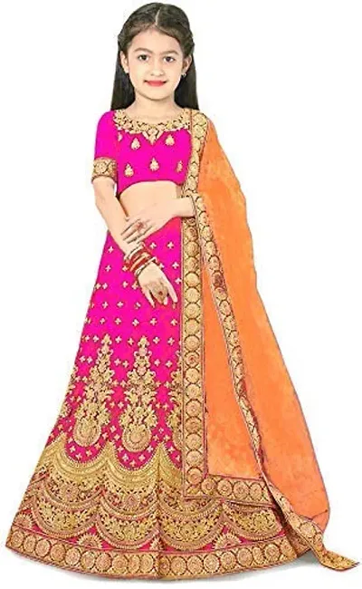 RADHE KRISHNA LACE Girl's Satin Semi-Stitched Lehenga Choli