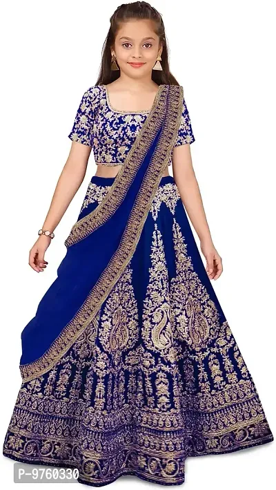 VANSH CREATION Girl's Taffeta Silk Semi-stitched lehenga choli | Multicolor lehenga (4-15 yrs) girls lehenga choli (5-6 Years, Dark Blue)-thumb0