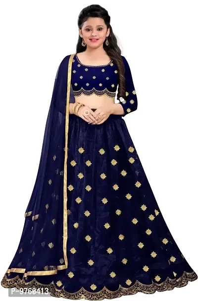 VANSH CREATION Girl's Net  Taffeta Silk Semistitched lehenga choli (Dark Blue, 8-9 Years)