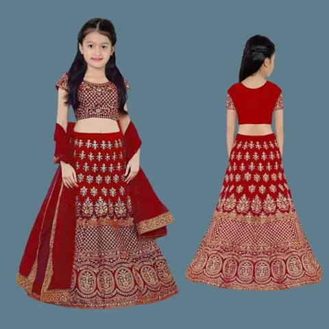 Best Zone Girl's Taffeta Satin Semi-stitched Lehenga Choli