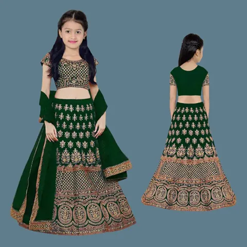 Femisha Creation Satin Kids Girls Lehenga Choli (8-9 Years, Green)