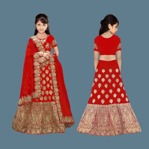 Girls Taffeta Satin Semi-stitched Lehenga Choli with Net Dupatta