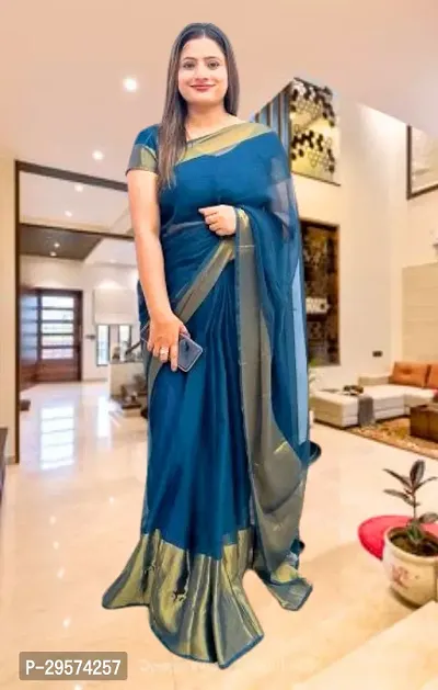 Stylish Chiffon Teal Woven Design Saree With Blouse Piece-thumb0