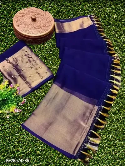 Stylish Chiffon Blue Woven Design Saree With Blouse Piece