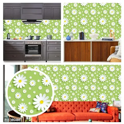 Classic Self Adhesive Wall Stickers For Kitchen Big Size (200x40)Cm  (GreenandWhiteFlower) Wallpaper for Walls Of Kitchen | Bedroom | Living Room Pack Of - 1-thumb0