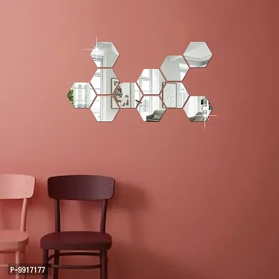 11 Hexagon Mirror Wall Stickers For Wall Size (10.5x12.1)Cm Acrylic Mirror For Wall Stickers for Bedroom  Bathroom  Kitchen  Living Room Decoration Items (Pack of 11) Silver