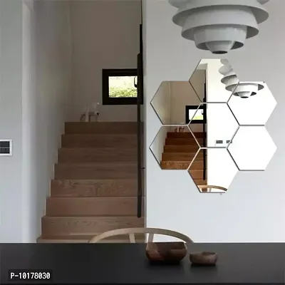 7 Hexagon Mirror Wall Stickers For Wall Size 10.5x12.1Cm Acrylic Mirror For Wall Stickers for Bedroom  Bathroom  Kitchen  Living Room Decoration Items Pack of -7 Silver-thumb3