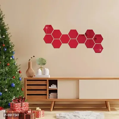 12 Hexagon Mirror Wall Stickers For Wall Size (10.5x12.1)Cm Acrylic Mirror For Wall Stickers for Bedroom  Bathroom  Kitchen  Living Room Decoration Items (Pack of 12) Red