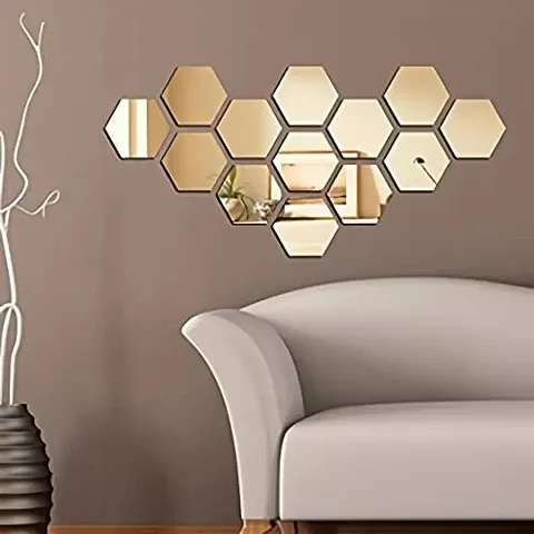 13 Hexagon Mirror Wall Stickers For Wall Size  10.5x12.1 Cm Acrylic Mirror For Wall Stickers for Bedroom  Bathroom  Kitchen  Living Room Decoration Items  Pack of  13  Gold