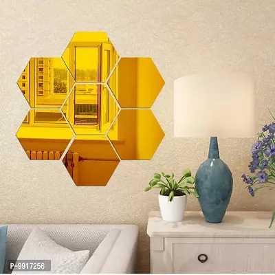 7 Hexagon Mirror Wall Stickers For Wall Size (10.5x12.1)Cm Acrylic Mirror For Wall Stickers for Bedroom  Bathroom  Kitchen  Living Room Decoration Items (Pack of 7) Gold-thumb0