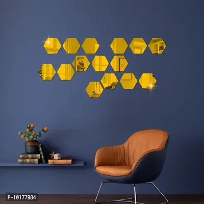 15 Hexagon Mirror Wall Stickers For Wall Size 10.5x12.1Cm Acrylic Mirror For Wall Stickers for Bedroom  Bathroom  Kitchen  Living Room Decoration Items Pack of -15 Gold-thumb3