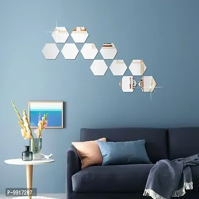 11 Hexagon Mirror Wall Stickers For Wall Size (10.5x12.1)Cm Acrylic Mirror For Wall Stickers for Bedroom  Bathroom  Kitchen  Living Room Decoration Items (Pack of 11) Silver