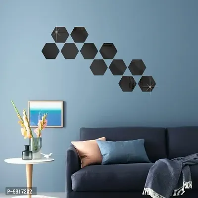 11 Hexagon Mirror Wall Stickers For Wall Size (10.5x12.1)Cm Acrylic Mirror For Wall Stickers for Bedroom  Bathroom  Kitchen  Living Room Decoration Items (Pack of 11) Black