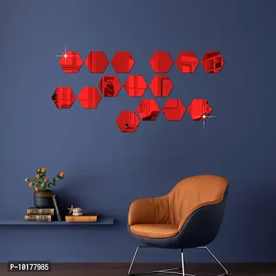 15 Hexagon Mirror Wall Stickers For Wall Size 10.5x12.1Cm Acrylic Mirror For Wall Stickers for Bedroom  Bathroom  Kitchen  Living Room Decoration Items Pack of -15 Red-thumb3