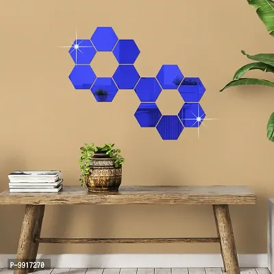 12 Hexagon Mirror Wall Stickers For Wall Size (10.5x12.1)Cm Acrylic Mirror For Wall Stickers for Bedroom  Bathroom  Kitchen  Living Room Decoration Items (Pack of 12) Blue